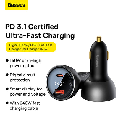 Baseus 140W Digital Display PD3.1 Dual U+C Fast Charging Car Charger with Cable