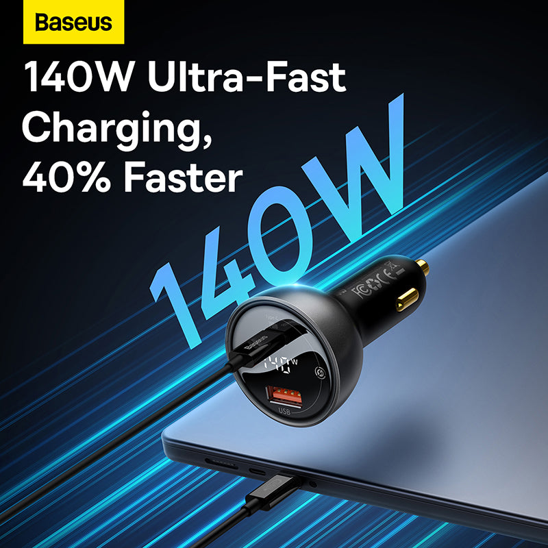 Baseus 140W Digital Display PD3.1 Dual U+C Fast Charging Car Charger with Cable