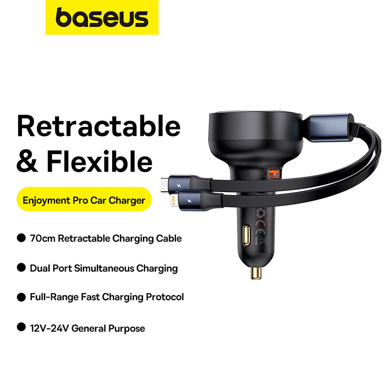 Baseus 60W Enjoyment Pro Car Charger U+Retractable C & Lightning Cable