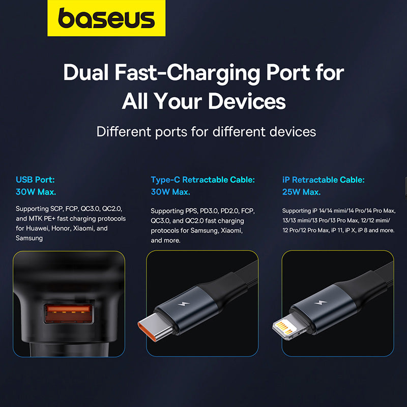 Baseus 60W Enjoyment Pro Car Charger U+Retractable C & Lightning Cable