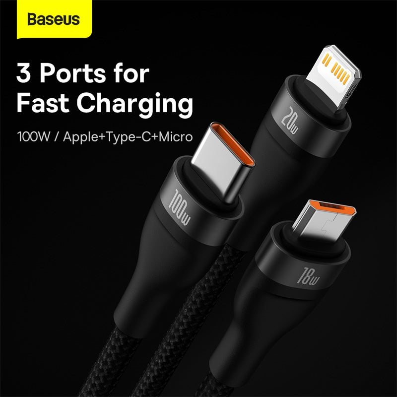 Baseus Flash Series Ⅱ Two-for-three Charging Cable U+C to M+L+C 100W – 1.2m – Black