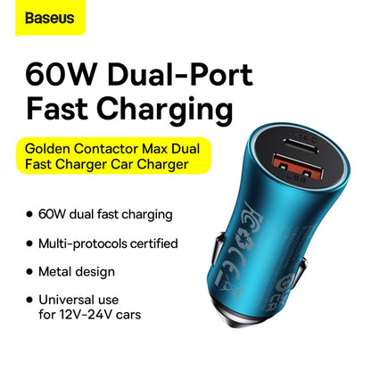 Baseus U+C 60W Golden Contactor Max Dual Fast Charger Car Charger Blue